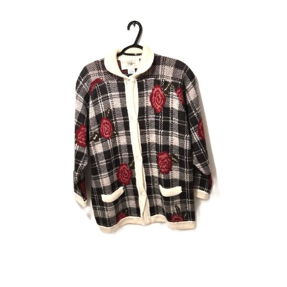 Vintage Italian Mohair Angora Cardigan Niki Line Roses & Plaid Grannycore Ugly - Picture 1 of 4